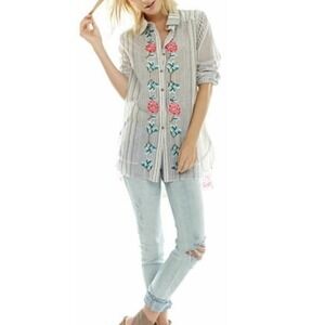 Aratta Silent Journey Womens Blue Striped Floral Embroidered Boho Shirt Small‎